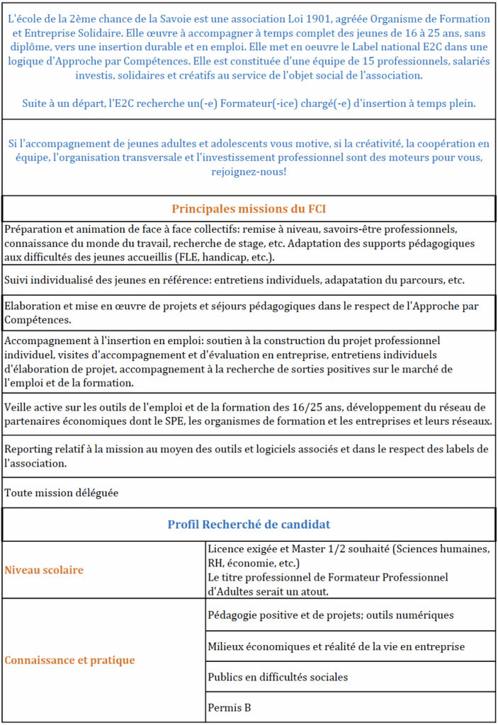 Formateur(-ice) chargé(-e) d'insertion (FCI) à l'E2C Savoie